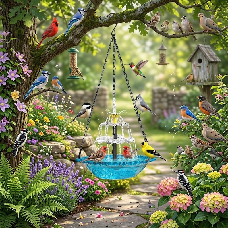 Puede incluir: Una fuente para p&aacute;jaros de cristal azul de varios niveles cuelga de cadenas negras en un jard&iacute;n. La fuente presenta agua en cascada y est&aacute; rodeada por numerosas aves coloridas, incluidos cardenales, arrendajos azules y jilgueros entre flores.