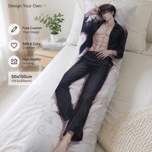 May include: A custom body pillow featuring a digitally rendered image of a man in a black shirt and pants. The pillow is 19.6 x 59 inches and has text that reads "CUSTOM BODY PILLOW" and "Design Your Own".