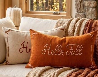 Hello Fall Embroidered Pillow Cover, Autumn Lumbar Cushion Case,  Cozy Farmhouse Lumbar Pillow,  Embroidered Fall Pillowcase