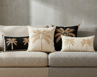Handmade Minimalist Palm Tree Pillow Cover, Luxury Textured Embroidery Cushion, Boho Chic Living Room Decor, Heavyweight Linen Cotton Blend