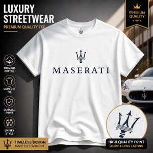 Camiseta con el logo del tridente de Maserati / Camiseta minimalista blanca con estampado gráfico, inspirada en coches de lujo, ropa urbana de primera calidad, regalo de moda unisex.