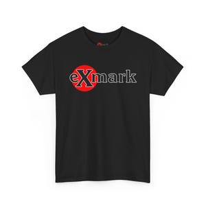 May include: Black t-shirt featuring the word "eXmark" in white with a red circle behind the "eX". The shirt is a short-sleeved crew neck style.