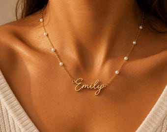 パール付き名入れネックレス、女性用ゴールド名入れネックレス、名入れジュエリー、女性へのギフト、ステンレススチール名入れネックレス