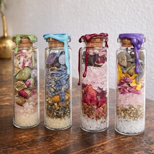 Könnte beinhalten: Vier Glasflaschen gefüllt mit Schichten aus bunten Pflanzen, Kristallen und Salzen. Jede Flasche hat einen Korken, der mit einer anderen Wachsfarbe versiegelt ist: grün, blau, bordeaux und lila. Die Flaschen sind auf einer Holzoberfläche angeordnet.