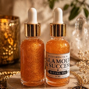 Könnte beinhalten: Zwei bernsteinfarbene Glasflaschen mit weißen Pipetten und goldenen Kragen. Die Flaschen enthalten schimmernde Flüssigkeit und sind mit "Glamour & Success Ritual Oil" beschriftet. Eine goldene Halskette und ein dekorativer Kerzenhalter befinden sich im Hintergrund.