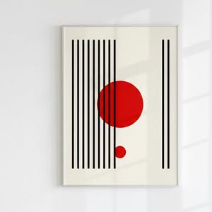 Rode cirkel en zwarte lijnen kunstafdruk | Minimalistisch geometrisch ontwerp (digitale download)