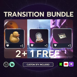 May include: A promotional image for a transition bundle featuring a rubber duck, a snow globe, and a cassette tape. The text "TRANSITION BUNDLE" and "2+1 FREE" are displayed. The phrase "CUSTOM SFX INCLUDED" is also visible.