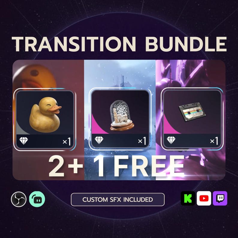 May include: A promotional image for a transition bundle featuring a rubber duck, a snow globe, and a cassette tape. The text "TRANSITION BUNDLE" and "2+1 FREE" are displayed. The phrase "CUSTOM SFX INCLUDED" is also visible.
