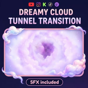 May include: A digital graphic with the text "DREAMY CLOUD TUNNEL TRANSITION" in white and pink. The image features a cloud tunnel effect with a transparent centre, framed by a pink border and fluffy clouds. The words "SFX included" are at the bottom.