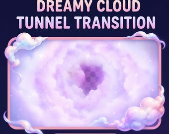 May include: A digital graphic with the text "DREAMY CLOUD TUNNEL TRANSITION" in white and pink. The image features a cloud tunnel effect with a transparent center, framed by a pink border and fluffy clouds. The words "SFX included" are at the bottom.