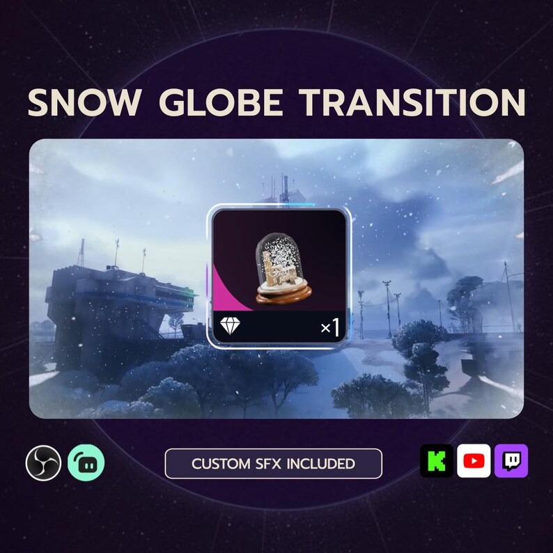 May include: A digital graphic with the text "SNOW GLOBE TRANSITION" and a snow globe icon. The icon is set against a winter landscape background. The graphic includes the text "CUSTOM SFX INCLUDED".