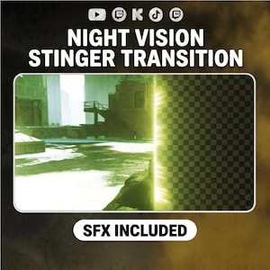 Könnte beinhalten: Eine digitale Grafik mit dem Titel NIGHT VISION STINGER TRANSITION, die Social-Media-Symbole, eine grün getönte urbane Dachszene und einen vertikalen leuchtenden Lichtbalken zeigt, der in ein transparentes Schachbrettmuster übergeht, inklusive SFX INCLUDED.