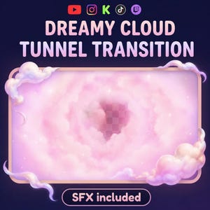 Puede incluir: Un gráfico digital titulado DREAMY CLOUD TUNNEL TRANSITION con iconos de redes sociales arriba. El centro presenta un túnel de nubes rosas en espiral con un área de transparencia a cuadros. Nubes decorativas enmarcan las esquinas del marco.