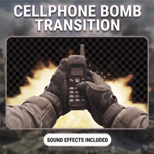 Könnte beinhalten: Ein graues Mobiltelefon im Vintage-Stil, gehalten in dunklen taktischen Tarnhandschuhen vor dem Hintergrund einer feurigen Explosion. Der Text CELLPHONE BOMB TRANSITION erscheint oben und SOUND EFFECTS INCLUDED steht unten.