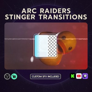 May include: Image featuring the text "ARC RAIDERS STINGER TRANSITIONS" above a yellow duck graphic. The duck has a square graphic with a blue and white gradient on the left and a checkered pattern on the right. The words "CUSTOM SFX INCLUDED" are also visible.
