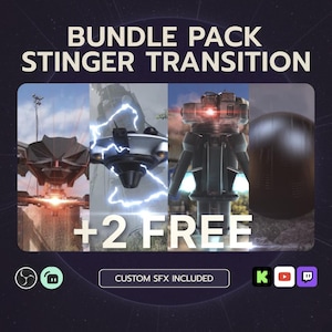 Op de afbeelding: Advertentie voor een digitaal product met de tekst "BUNDLE PACK STINGER TRANSITION". De afbeelding toont vier futuristische mechanische ontwerpen, met "+2 FREE" weergegeven. Inclusief social media-iconen en de tekst "CUSTOM SFX INCLUDED."