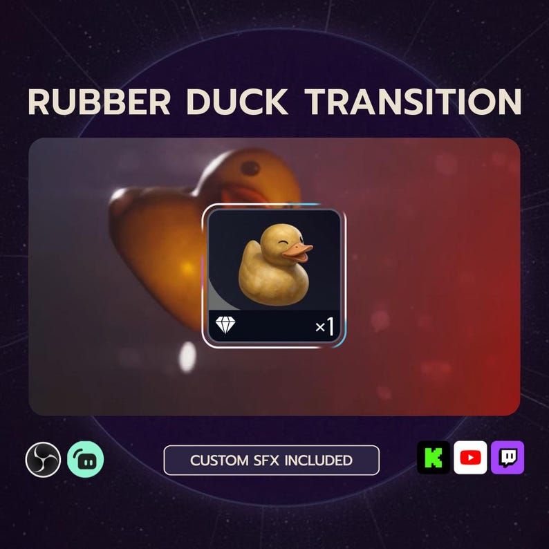 May include: A digital graphic featuring a yellow rubber duck with a smiling face. The text "RUBBER DUCK TRANSITION" is at the top. The words "CUSTOM SFX INCLUDED" are at the bottom.