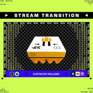 May include: A digital graphic with the text "STREAM TRANSITION" in white. A white and yellow 3D object with the number "03" is in the center. The words "CUSTOM SFX INCLUDED" are at the bottom, with social media icons.