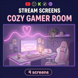 May include: Digital stream screens featuring a cozy gamer room with a desk, computer monitor displaying 'starting soon', keyboard, mouse, pink gaming chair, neon heart wall light, potted plant, and a small cat figurine on a shelf.