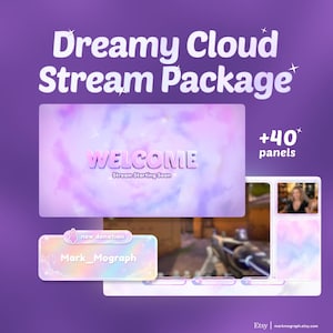 Könnte beinhalten: Ein digitales Stream-Paket mit violettem Hintergrund und dem Text Dreamy Cloud Stream Package. Es enthält einen Begrüßungsbildschirm mit Wolkengrafiken, ein Spenden-Overlay und verschiedene Interface-Elemente in sanften Pastellfarben.