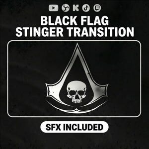 May include: A digital graphic featuring the text BLACK FLAG STINGER TRANSITION and SFX INCLUDED. The centre displays a silver, triangular emblem with a skull icon inside, set against a dark background with social media icons at the top.