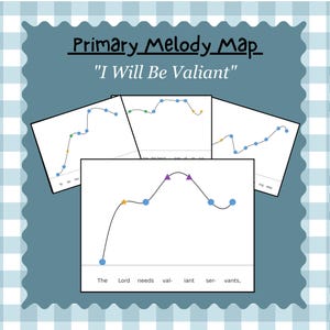 May include: A set of four white cards featuring a Primary Melody Map for the song I Will Be Valiant. Each card displays a black line graph representing musical notes with blue circles, orange stars, and purple triangles above lyrics.