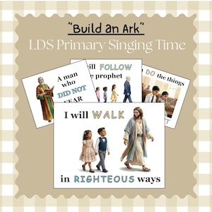 May include: A collection of illustrated cards with religious themes. The cards feature images of people, children, and religious figures, along with text such as "Build an Ark," "I will walk in righteous ways," and "Follow the prophet."