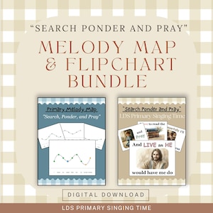 Peut inclure: Un ensemble de téléchargement numérique intitulé SEARCH PONDER AND PRAY MELODY MAP & FLIPCHART BUNDLE. Il comprend une carte mélodique bleue avec des lignes de notation musicale et un livret beige avec des images religieuses et le texte And LIVE as HE would have me do.