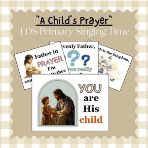 Op de afbeelding: Een verzameling kaarten met religieuze thema's. De kaarten bevatten illustraties van een kind dat bidt, een kasteel en Jezus met een kind. Tekst bevat "A Child's Prayer" en "YOU are His child."