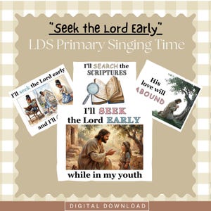 Puede incluir: Una colección de cuatro tarjetas rectangulares con ilustraciones religiosas y texto. Las tarjetas muestran frases que incluyen Seek the Lord Early, I'll Search the Scriptures, His love will abound y I'll seek the Lord early while in my youth.