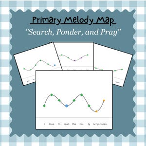 Pode incluir: Um conjunto de cartões educativos intitulados Primary Melody Map Search, Ponder, and Pray. Cada cartão branco apresenta uma linha curva preta representando uma melodia, marcada com losangos verdes, um círculo azul e estrelas amarelas, com letras.