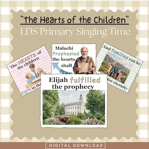 Può includere: Un set di quattro carte educative intitolate The Hearts of the Children LDS Primary Singing Time. Le carte presentano illustrazioni di una famiglia, un uomo che tiene un rotolo, un tempio e testo tra cui Malachi Prophesied e Elijah fulfilled the prophecy.