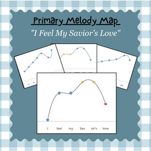 May include: A set of educational cards titled Primary Melody Map I Feel My Savior's Love. Each white card features a black curved line representing musical pitch, marked with blue dots, orange stars, and a red square above song lyrics.