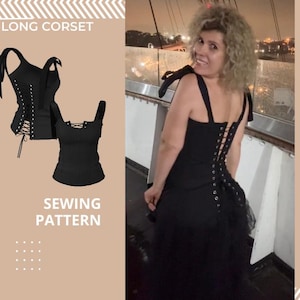 May include: Black long corset sewing pattern. The image shows a woman wearing a black corset dress with a lace-up back. The corset has shoulder straps with bows. The text "LONG CORSET" and "SEWING PATTERN" are visible.