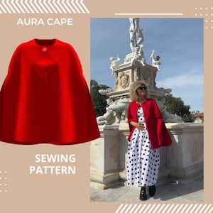 Puede incluir: Una capa roja brillante con cierre de botón, etiquetada como "Aura Cape" y "Sewing Pattern". La imagen también muestra a una persona que lleva la capa sobre un vestido de lunares. La capa es de color rojo vibrante.