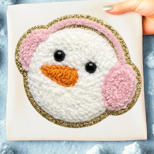 Snowman Face PNG, Coquette Winter Sublimation, Faux Embroidery Design, Pink Earmuffs Chenille Patch, Cute Snowman Head, Trendy DTF