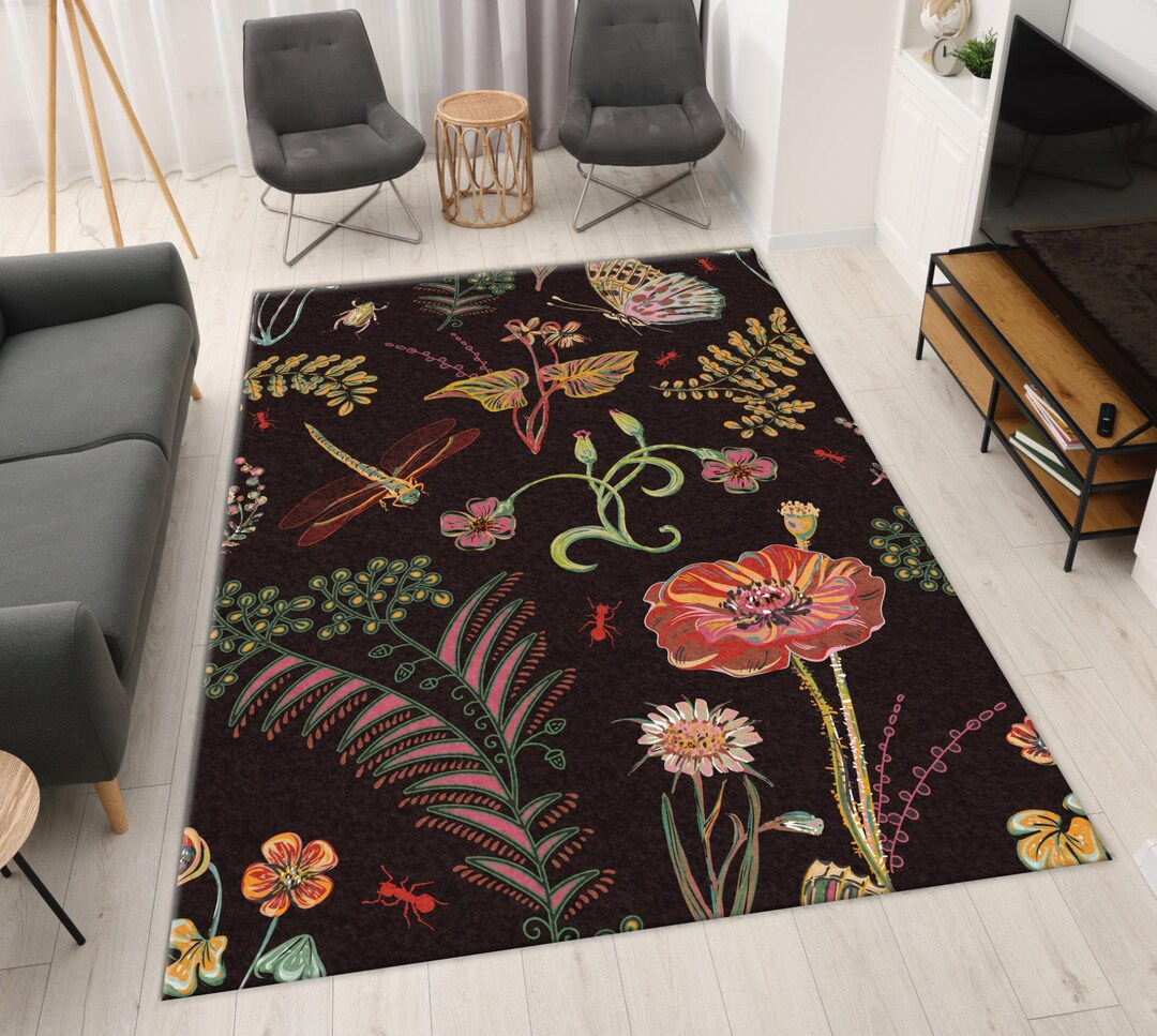 Botanical Dragonfly and Beetle Area Rug: Vintage Insect Illustration ...