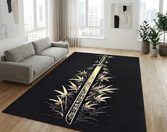 Samurai Themed Children's Room Rug: Anime Style Sword Decor, Asian Floor Mat, Japanese Warrior
