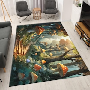 Puede incluir: Una alfombra de área caprichosa con una escena de bosque con grandes setas. La alfombra tiene una ilustración detallada de árboles, una valla de madera y un camino. La paleta de colores incluye verdes, marrones y naranjas, creando una atmósfera de fantasía.
