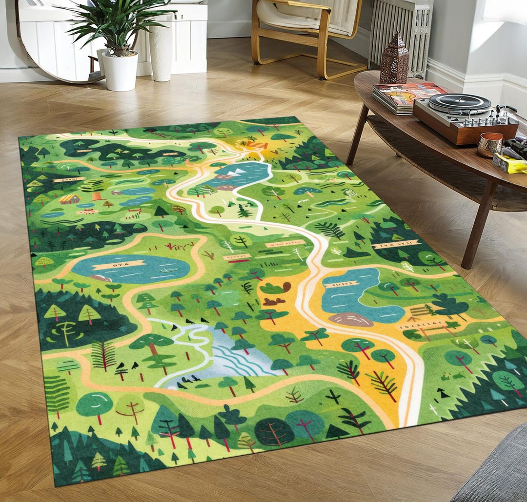 Forest Map Illustration Rug: Kids Adventure Mat, Rustic Decor - Etsy