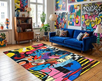 Abstract Faces Graffiti Carpet: Colorful Pop Art Rug