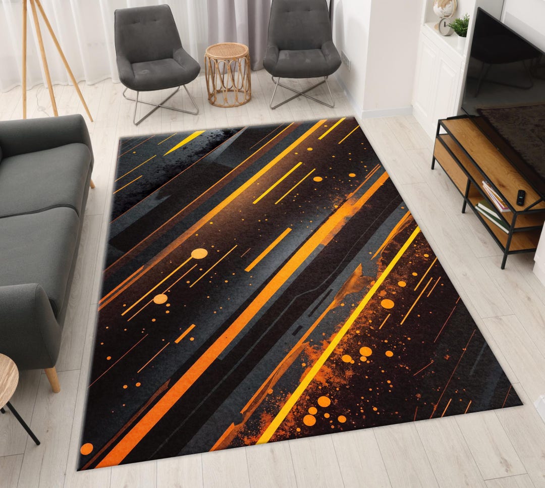 Cyperpunk Rug Modern Abstract Orange and Black Area Rug: Cyberpunk Style Diagonal ...