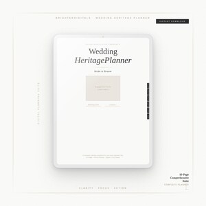 May include: A digital wedding planner displayed on a tablet. The screen shows the title "Wedding Heritage Planner" with "Bride & Groom" below. The planner includes sections for engagement photos and wedding details. The words "Instant Download" are visible.