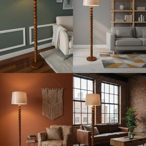 May include: A wooden floor lamp with a beige lampshade. The lamp has a dark brown, beaded pole and a round base. The lamp is shown in various interior settings, including living rooms with sofas and chairs.