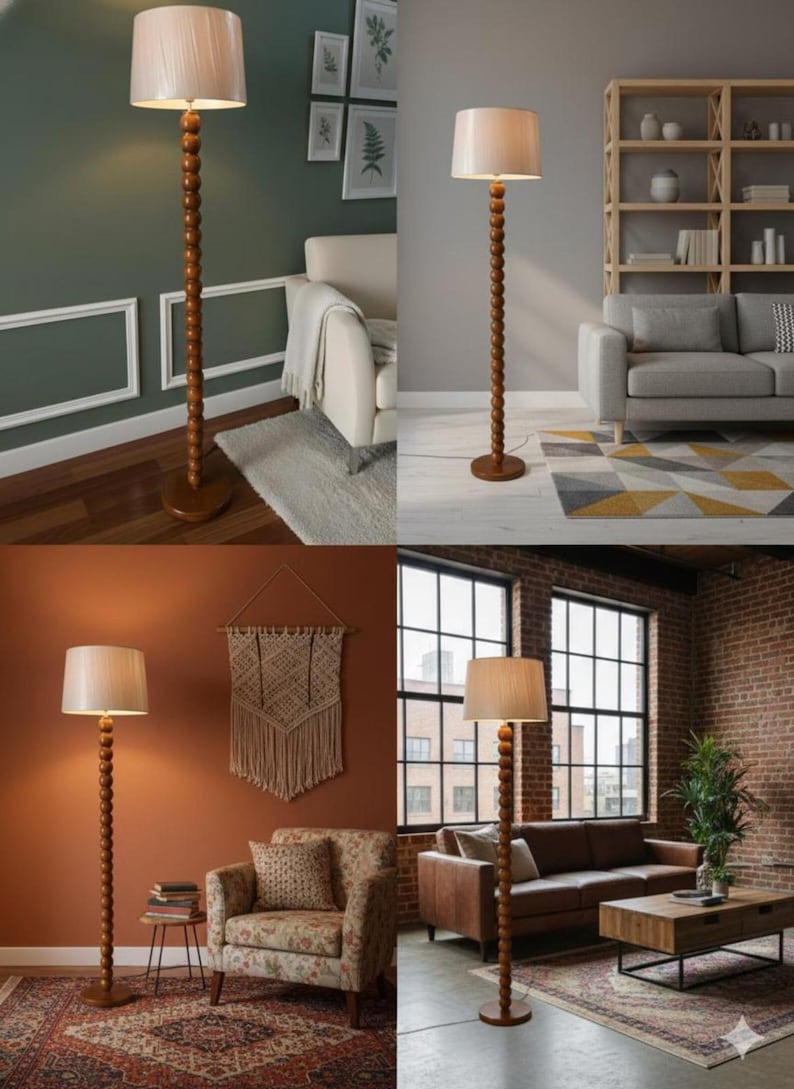 May include: A wooden floor lamp with a beige lampshade. The lamp has a dark brown, beaded pole and a round base. The lamp is shown in various interior settings, including living rooms with sofas and chairs.