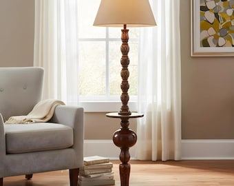 Handcrafted Wooden Floor Lamp | Vintage Style with Beige Shade