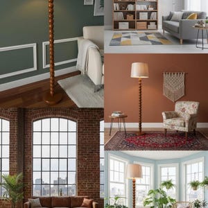 May include: A wooden floor lamp with a beige lampshade and a decorative, beaded wooden pole. The lamp is shown in various interior settings, including living rooms and a sunroom, showcasing its versatility in home decor.