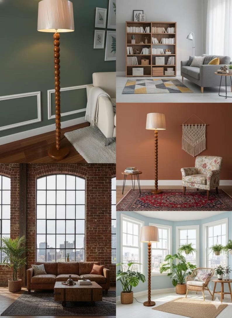 May include: A wooden floor lamp with a beige lampshade and a decorative, beaded wooden pole. The lamp is shown in various interior settings, including living rooms and a sunroom, showcasing its versatility in home decor.