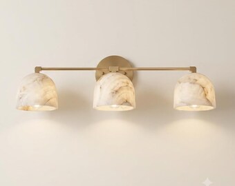 Mid Century Alabaster 3 Light Wall Sconce, Handmade Brass Wall Lamp, Natural Stone Lighting