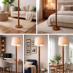 May include: A collection of floor lamps with a wooden beaded column and a beige lampshade. The lamps have a round base and are placed in different rooms, including a living room, bedroom, and dining room. The lamps are a warm brown color.